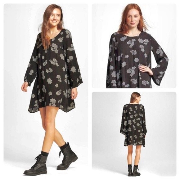 Mossimo long sleeve charcoal gray floral print dress size medium - Picture 1 of 8